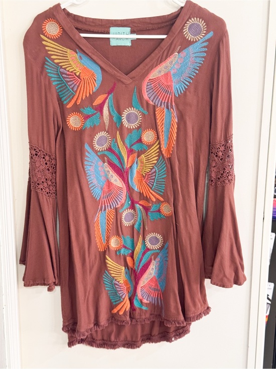 Judith March Tops - Judith March Rust Embroidered V-Neck Tunic with Multicolor Bird Motif